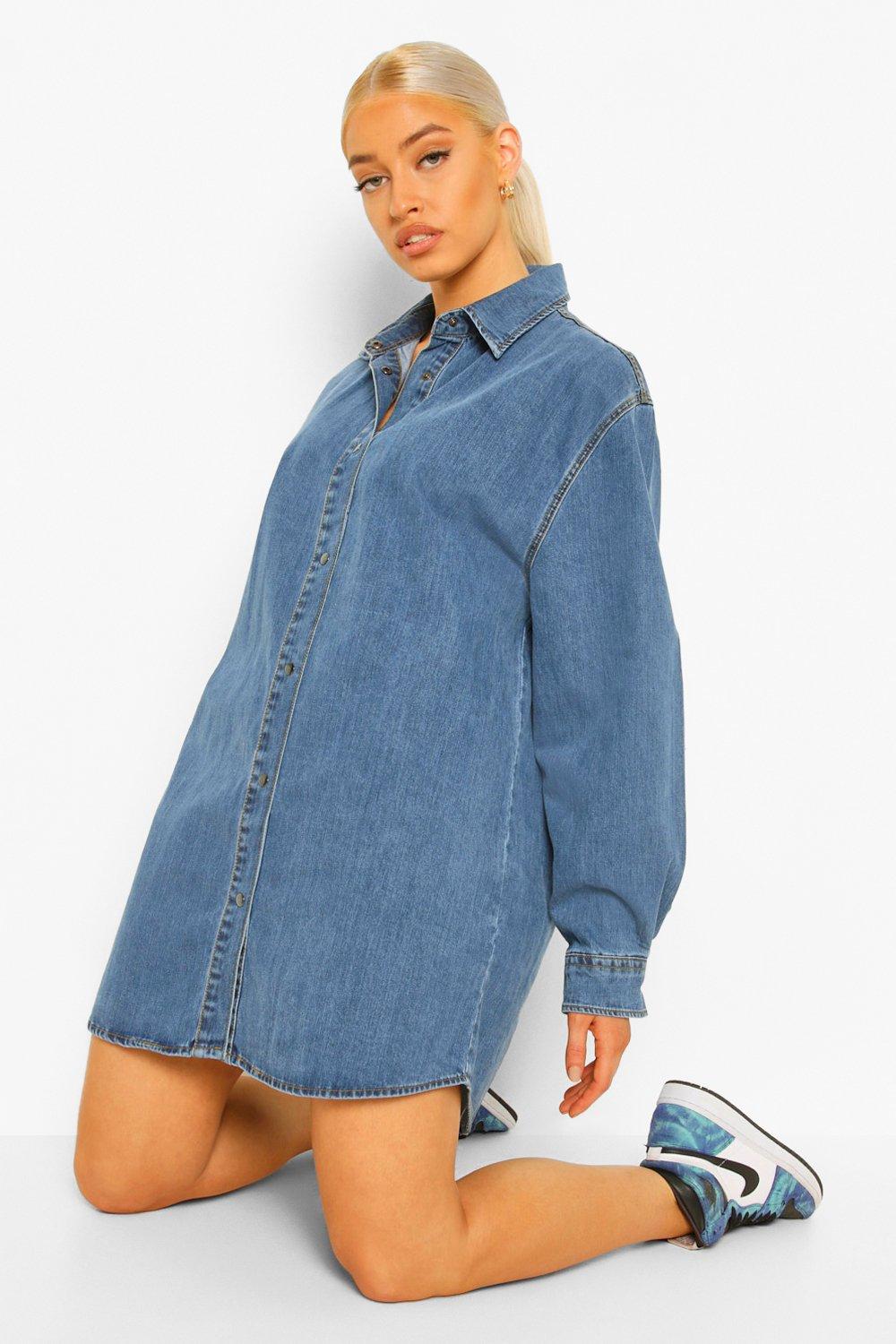 Oversized Denim Shirt Dress boohoo